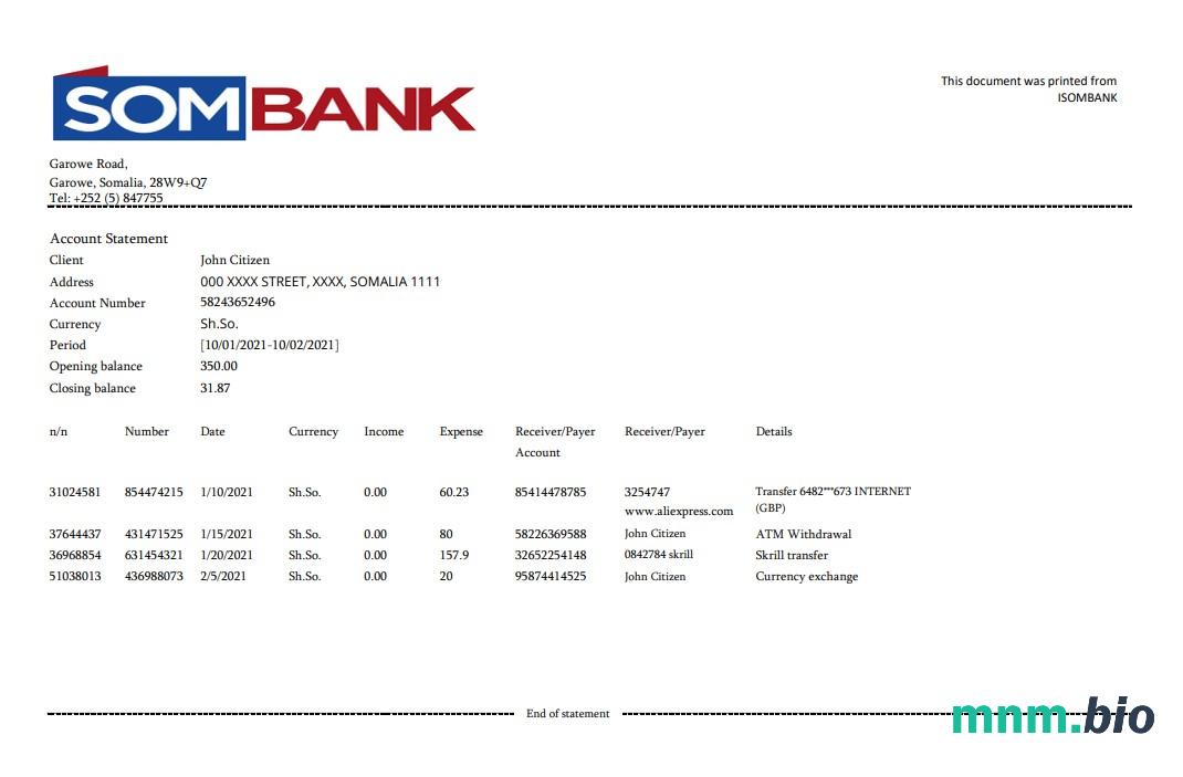 Somalia Sombank szablon wyciągu bankowego w formacie Word i PDF
